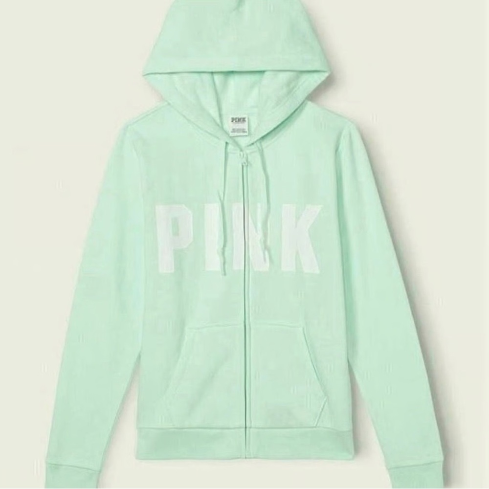 Victoria's Secret PINK Logo Fleece Full Zip-Up Hoodie Mint Green Size XXL